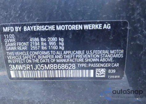2021 BMW 330I z USA, uszkodzony, nr VIN 3MW5R1J05M8B68628